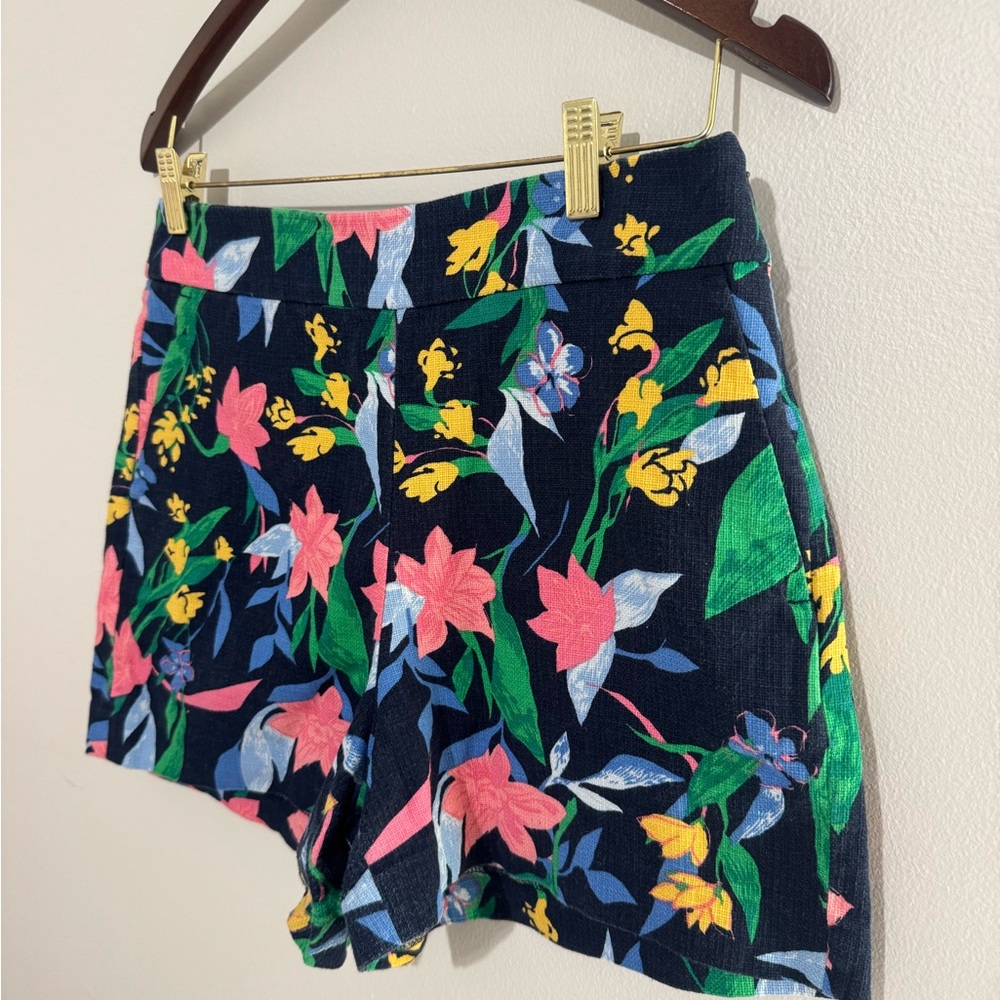 J. Crew Navy Floral High-Rise Women's Shorts Basketweave Size 6 Zip Side Pockets - Picture 2 of 9